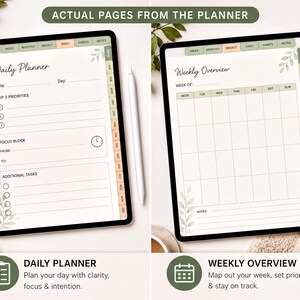 two pages from a planner, with a focus on the daily and weekly overview sections. The planner has a green and white color scheme, and the layout includes a calendar, a daily planner, and a weekly overview.