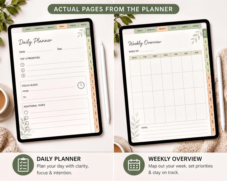 two pages from a planner, with a focus on the daily and weekly overview sections. The planner has a green and white color scheme, and the layout includes a calendar, a daily planner, and a weekly overview.