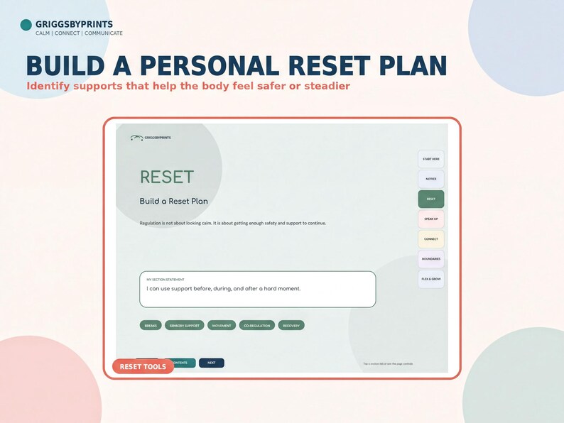The image is a screenshot of a personal reset plan application, which appears to be a tool for identifying and providing support for the body's needs.