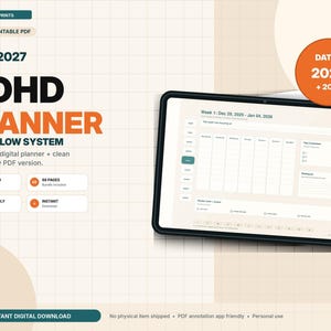 The image is an advertisement for a ADHD planner, featuring a tablet displaying the planner's interface. The text highlights the ADHD planner's focus on a flow system and its digital and print-friendly nature.