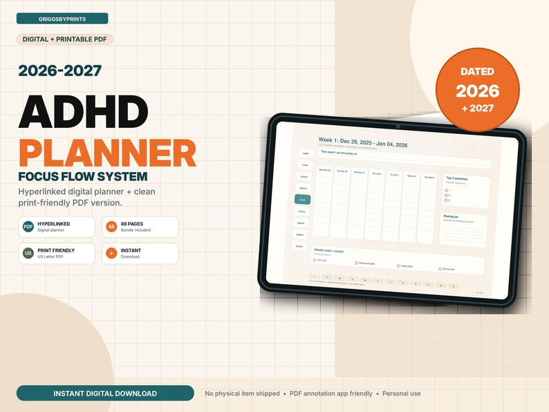 The image is an advertisement for a ADHD planner, featuring a tablet displaying the planner's interface. The text highlights the ADHD planner's focus on a flow system and its digital and print-friendly nature.