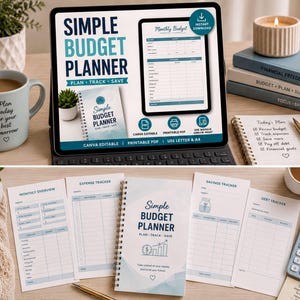 a workspace with various items related to budgeting and financial planning. There is a laptop with a budgeting app open, a notebook, a mug, a calculator, and several books. The laptop screen shows a "Simple Budget Planner" app with a "Monthly Budget Planner" and "Budget Planner" feature. The notebook has a "Simple Budget Planner" cover, and the mug has a "Plan for your best tomorrow" message. The calculator is placed next to the notebook, and the books are stacked on top of each other.