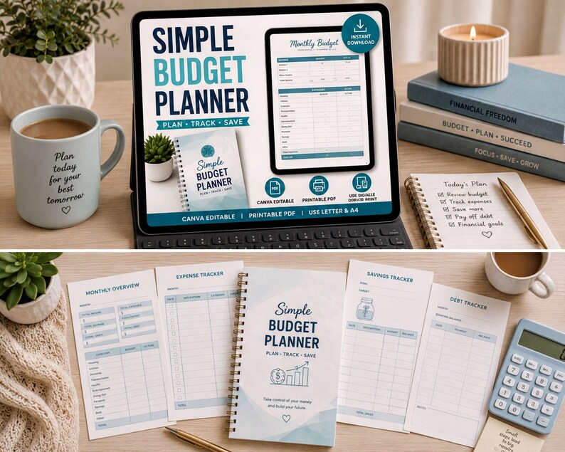 a workspace with various items related to budgeting and financial planning. There is a laptop with a budgeting app open, a notebook, a mug, a calculator, and several books. The laptop screen shows a "Simple Budget Planner" app with a "Monthly Budget Planner" and "Budget Planner" feature. The notebook has a "Simple Budget Planner" cover, and the mug has a "Plan for your best tomorrow" message. The calculator is placed next to the notebook, and the books are stacked on top of each other.