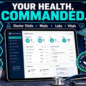 The image is a promotional graphic for a health management system, featuring a tablet displaying a user interface with various health-related icons and information. The tablet is placed on a table, with a stethoscope, a heart symbol, and a plant nearby. The background is dark blue with a pattern of hexagons and stars. The text "Your health, commanded." is prominently displayed, along with icons for Doctor Visits, Meds, Labs, Vitals, and a "Take control" button.