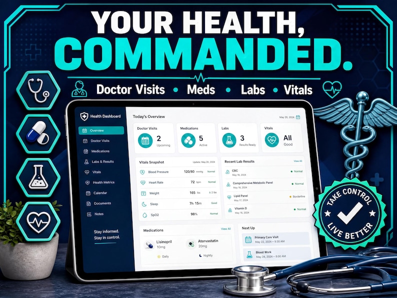 The image is a promotional graphic for a health management system, featuring a tablet displaying a user interface with various health-related icons and information. The tablet is placed on a table, with a stethoscope, a heart symbol, and a plant nearby. The background is dark blue with a pattern of hexagons and stars. The text "Your health, commanded." is prominently displayed, along with icons for Doctor Visits, Meds, Labs, Vitals, and a "Take control" button.