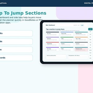 The image is a screenshot of a digital planner interface with a dashboard and side tabs, which help users navigate through the planner and access various annotations and apps.