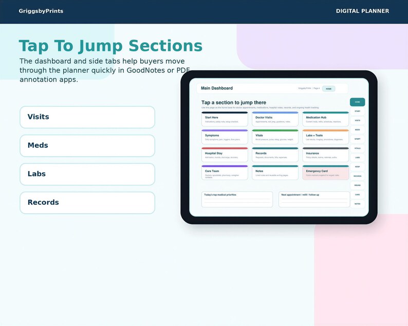 The image is a screenshot of a digital planner interface with a dashboard and side tabs, which help users navigate through the planner and access various annotations and apps.