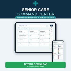 The image is an advertisement for a Senior Care Command Center, which is a tool for caregivers to manage and track the health and well-being of elderly individuals. The main focus of the advertisement is the Command Center itself, which is a tablet, phone, and print version of the product.