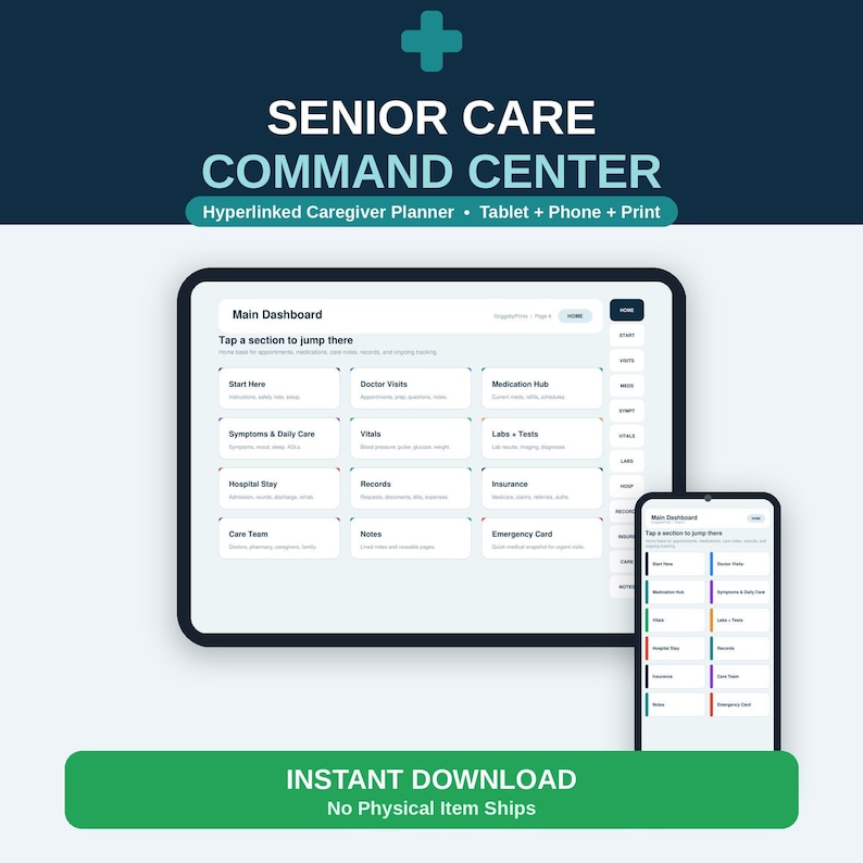The image is an advertisement for a Senior Care Command Center, which is a tool for caregivers to manage and track the health and well-being of elderly individuals. The main focus of the advertisement is the Command Center itself, which is a tablet, phone, and print version of the product.