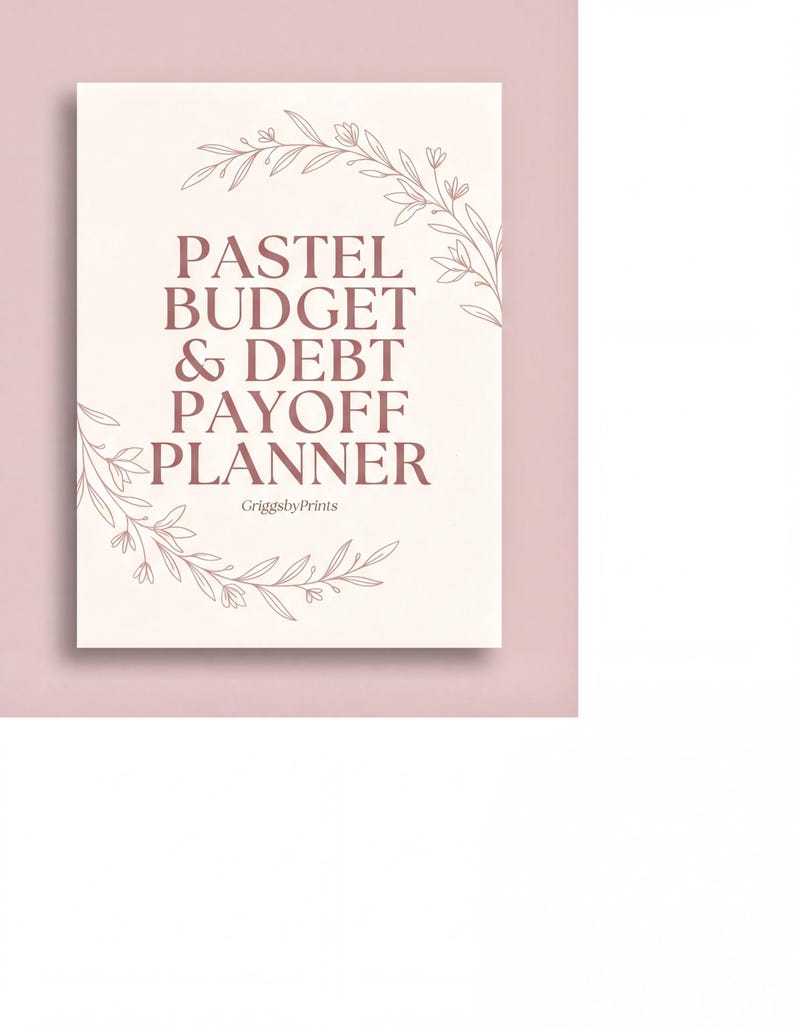 The image is a poster with the title "PASTEEL BUDGET & DEBT PAYOFF PLANNER" written in a decorative font.