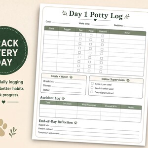 a "Day 1 Potty Log" form, which is a simple daily logging tool to help build better habits and track progress.