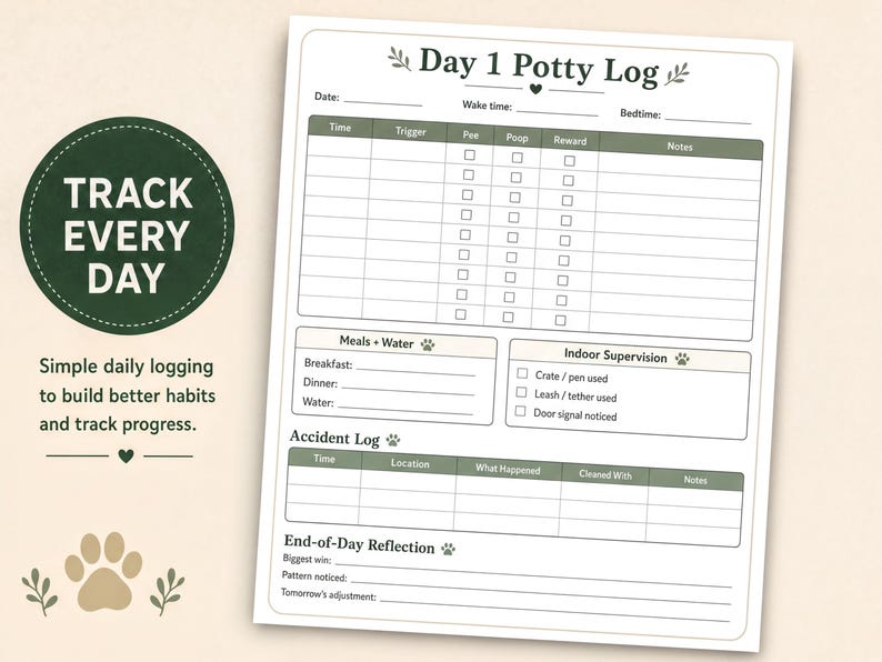 a "Day 1 Potty Log" form, which is a simple daily logging tool to help build better habits and track progress.