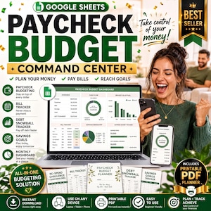 The image is an advertisement for a Google Sheets Paycheck Budget Planner, which is a tool that helps users plan and manage their budgets. The central image shows a woman excitedly looking at her phone, which is displaying the Google Sheets Budget Planner. The background of the image features a collage of various financial and budgeting-related icons and graphics.