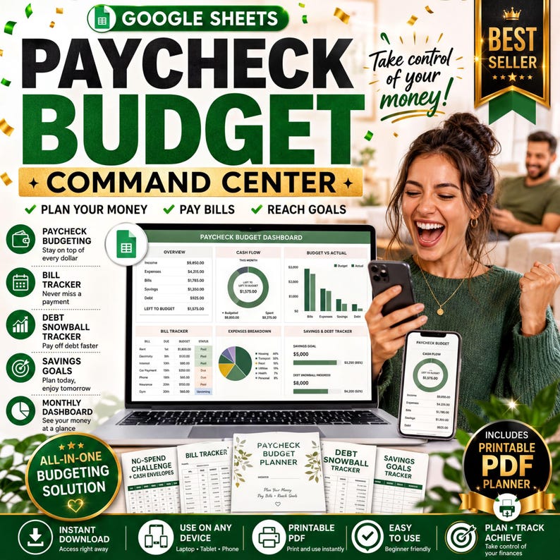 The image is an advertisement for a Google Sheets Paycheck Budget Planner, which is a tool that helps users plan and manage their budgets. The central image shows a woman excitedly looking at her phone, which is displaying the Google Sheets Budget Planner. The background of the image features a collage of various financial and budgeting-related icons and graphics.