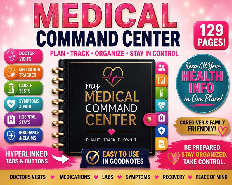 The image is a promotional poster for a medical command center, featuring various icons and text related to healthcare and organization.