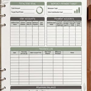 The image is a spiral-bound notebook with a Debt Payoff Journey template, which includes a Debt Payoff Planner and a Monthly Payment Target. The template provides a structured approach to managing and paying off debt, with sections for tracking Debt Payoff Progress and remaining Balance.