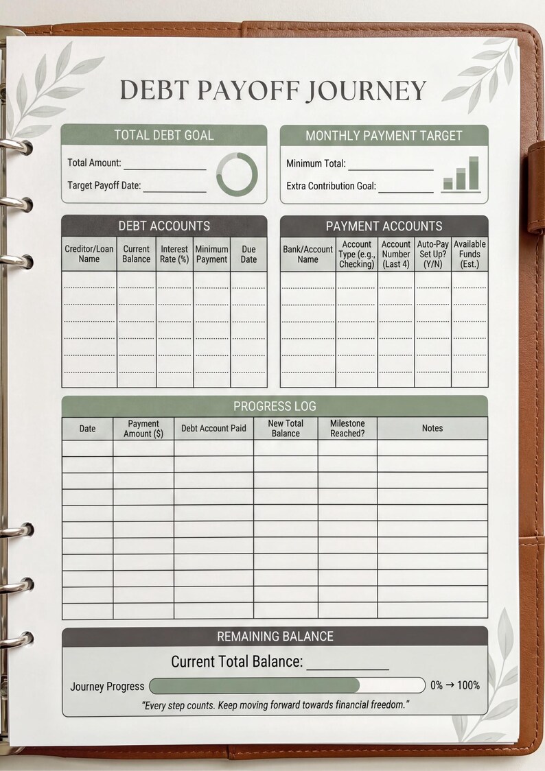 The image is a spiral-bound notebook with a Debt Payoff Journey template, which includes a Debt Payoff Planner and a Monthly Payment Target. The template provides a structured approach to managing and paying off debt, with sections for tracking Debt Payoff Progress and remaining Balance.