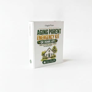The image is a book cover for "Aging Parent Emergency Kit" by GriggyPrints.