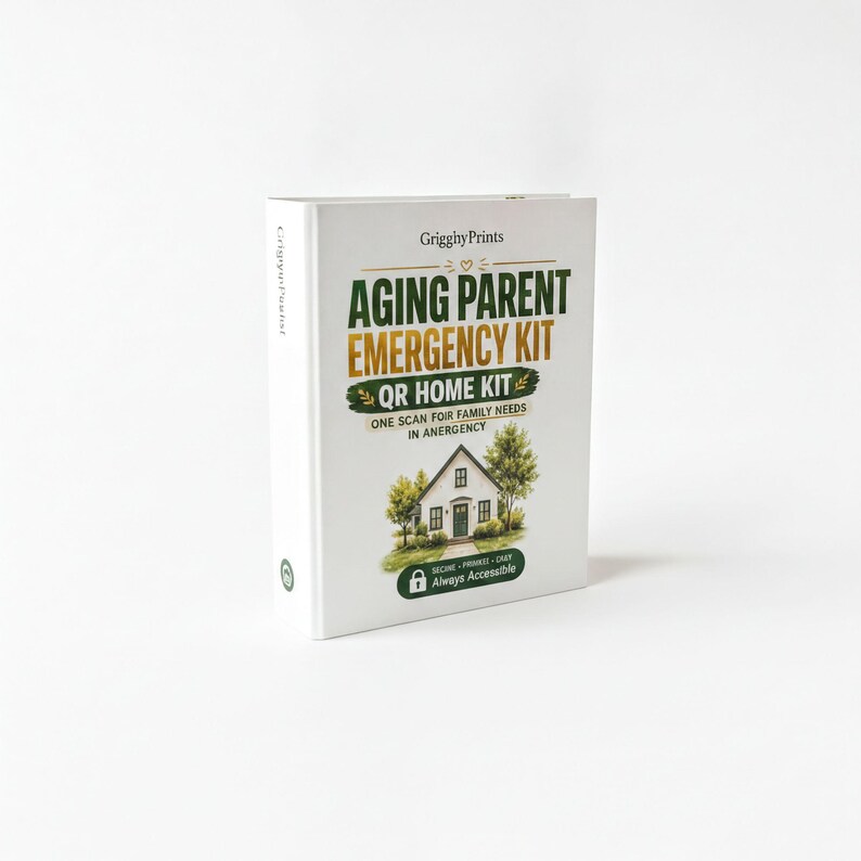 The image is a book cover for "Aging Parent Emergency Kit" by GriggyPrints.