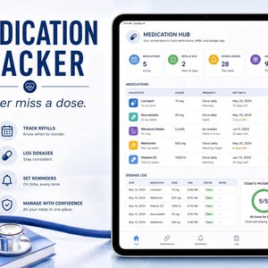 a tablet device displaying a medication management app, with a stethoscope placed on a surface next to it.