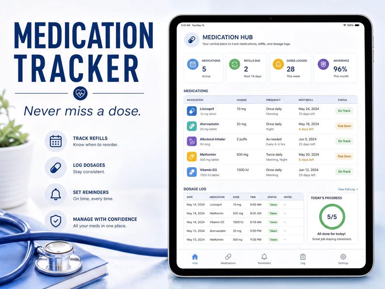 a tablet device displaying a medication management app, with a stethoscope placed on a surface next to it.