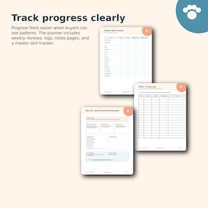 The image is a collage of three different planners or notebooks, each with a unique layout and design. The planners appear to be focused on tracking progress and organizing tasks, with various sections for notes, goals, and a master skill tracker. The planners seem to be designed for personal or professional use, with a focus on organization and goal-setting.
