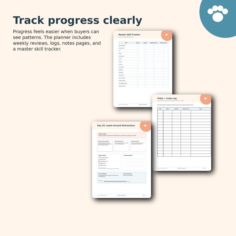The image is a collage of three different planners or notebooks, each with a unique layout and design. The planners appear to be focused on tracking progress and organizing tasks, with various sections for notes, goals, and a master skill tracker. The planners seem to be designed for personal or professional use, with a focus on organization and goal-setting.