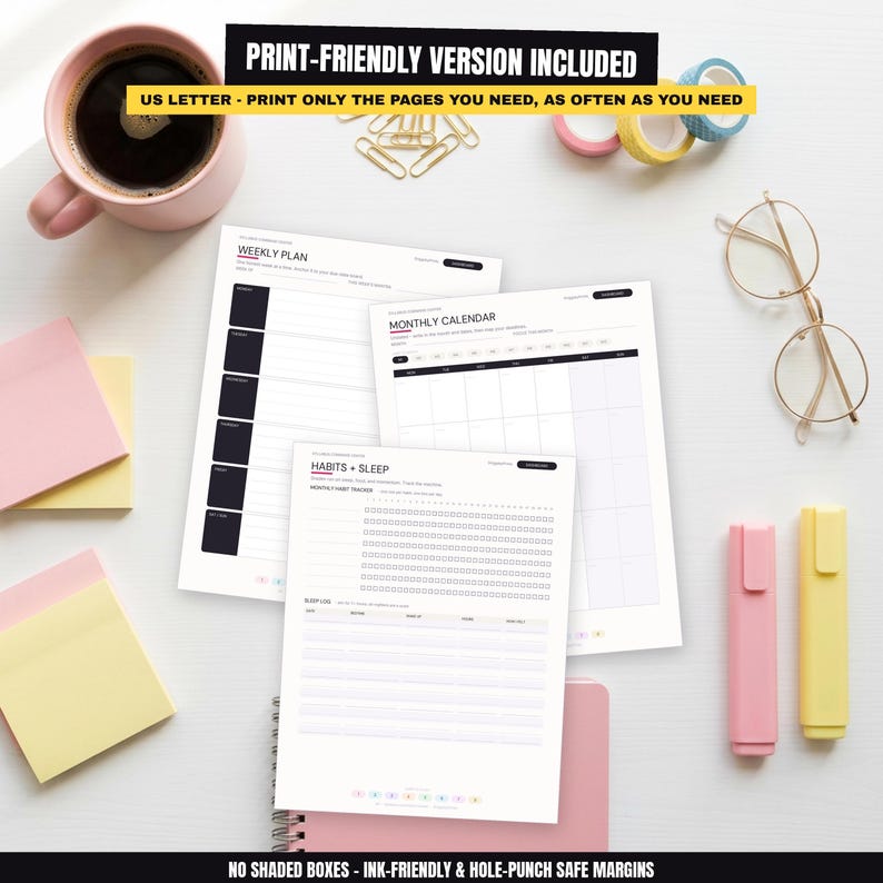 a collection of office supplies and stationery items, including a pink coffee mug, a pair of glasses, a notebook, a pen, and a pair of scissors, all arranged on a white background.