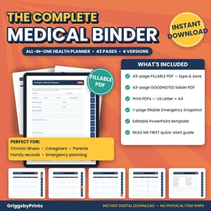 The image is an advertisement for a medical binder that includes a comprehensive health planning tool with various features such as emergency notes, a fillable PDF, and a 1-page emergency snapshot. The binder is perfect for chronic illness, caregivers, parents, and family records, as well as emergency planning. The advertisement also highlights that the binder is instant download and does not require physical item SHIPs.