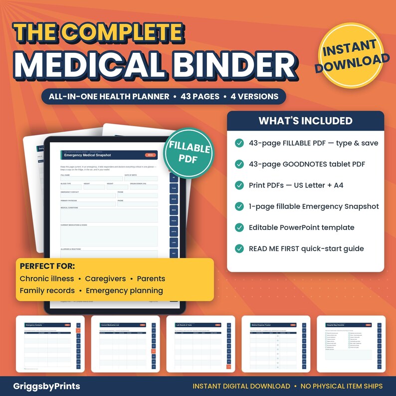 The image is an advertisement for a medical binder that includes a comprehensive health planning tool with various features such as emergency notes, a fillable PDF, and a 1-page emergency snapshot. The binder is perfect for chronic illness, caregivers, parents, and family records, as well as emergency planning. The advertisement also highlights that the binder is instant download and does not require physical item SHIPs.