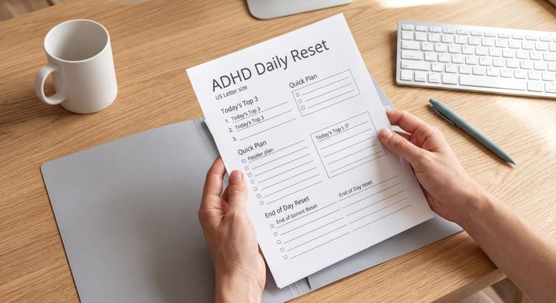 A person's hands are holding a sheet titled "ADHD Daily Reset" on a wooden desk, with a keyboard and a coffee cup visible in the background.