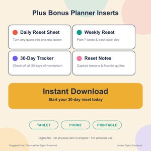 The image is a promotional graphic for a planner that includes various features such as a daily reset sheet, a 30-day tracker, and a 30-day reset. It also provides instructions for using the planner, including turning quotes into actions, planning 7 cards and tracking each day, using a 30-day timer, and checking off 30 days of momentum. The image also mentions that the digital file is not physical and is shipped for personal use, and it features a "Instant Digital Download" button.