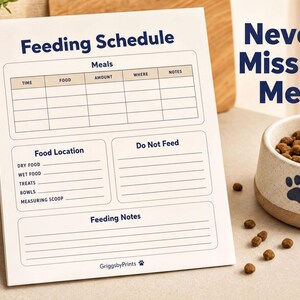 a feeding schedule for a pet, with a bowl of pet food and a plant in the background. The schedule includes a table with columns for time, food, amount, and notes, and a section for feeding notes. The text "Never Miss a Meal" is displayed above the schedule.