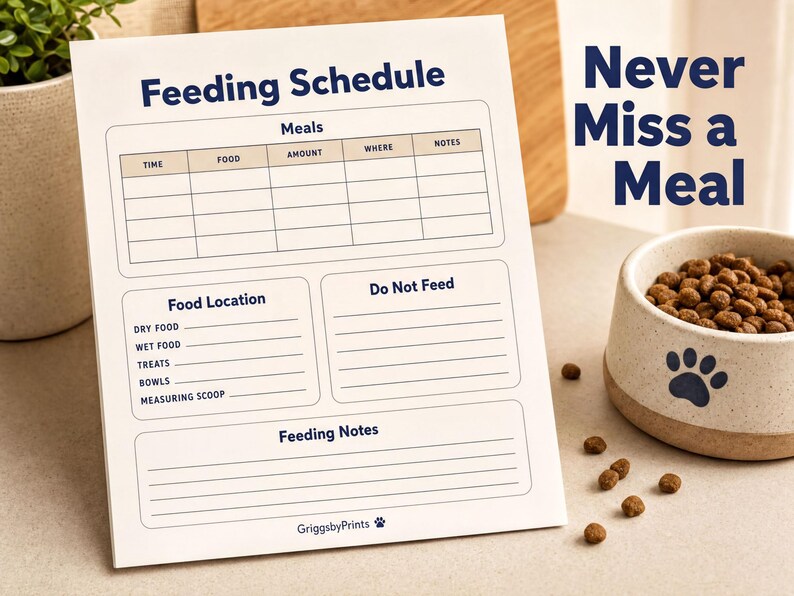 a feeding schedule for a pet, with a bowl of pet food and a plant in the background. The schedule includes a table with columns for time, food, amount, and notes, and a section for feeding notes. The text "Never Miss a Meal" is displayed above the schedule.