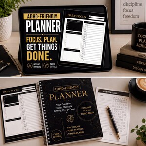 The image is a collage of two photos. The top photo shows a desk with a tablet displaying an ADHD-friendly planner, a notebook, and a pen. The bottom photo shows a desk with a notebook, a pen, and a coffee cup.