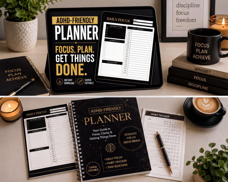 The image is a collage of two photos. The top photo shows a desk with a tablet displaying an ADHD-friendly planner, a notebook, and a pen. The bottom photo shows a desk with a notebook, a pen, and a coffee cup.