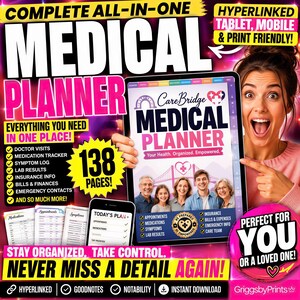 The image is an advertisement for a medical planner that includes a woman pointing at the book, a tablet, and a mobile device, along with various health-related texts and a list of features.