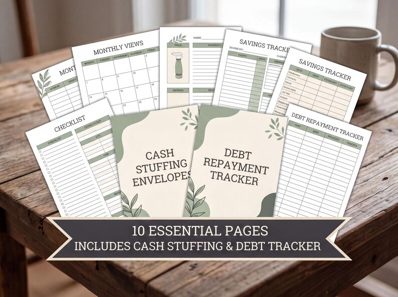 a collection of financial planning and budgeting tools, including a "MONTHLY VIEWS" worksheet, a "SAVINGS TRACKER" worksheet, and a "DEBT REPAYMENT TRACKER" worksheet, all of which are part of a "CASH STUFFING AND DEBT TRACKER" package. The worksheets are arranged on a wooden table, with a mug visible in the background.