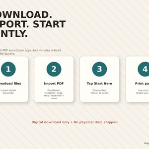 The image is a step-by-step guide for users to download, import, and start using a particular application or service. It includes instructions for downloading files, printing pages, and choosing options. The guide is written in a clear and concise manner, with each step clearly labeled. The image does not contain any redundancy or vague descriptions, and it focuses on providing specific instructions for the user.