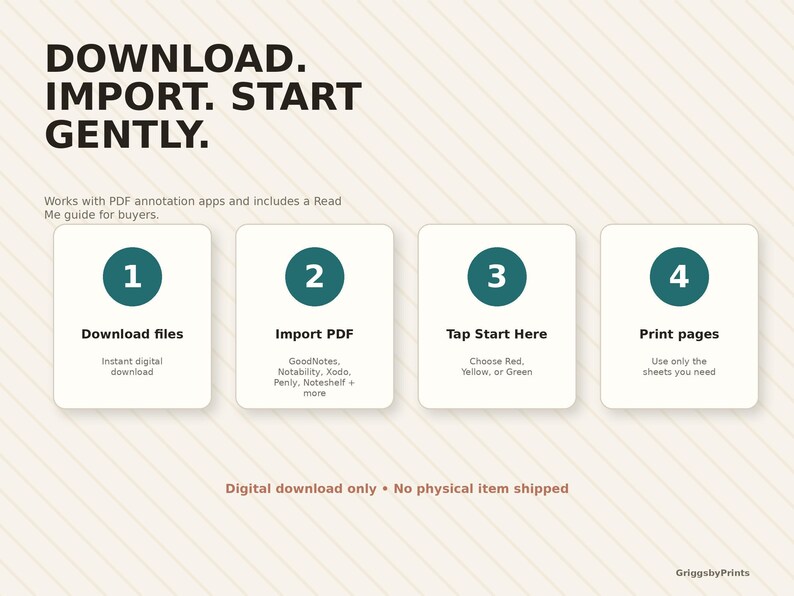 The image is a step-by-step guide for users to download, import, and start using a particular application or service. It includes instructions for downloading files, printing pages, and choosing options. The guide is written in a clear and concise manner, with each step clearly labeled. The image does not contain any redundancy or vague descriptions, and it focuses on providing specific instructions for the user.