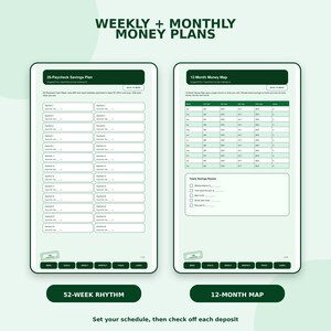 The image is a promotional graphic for a money management app that provides a 52-week rhythm and a 12-month money plan. The app offers a 24-hour cash-in/cash-out savings plan and a 12-month money map to help users track their savings and set financial goals.