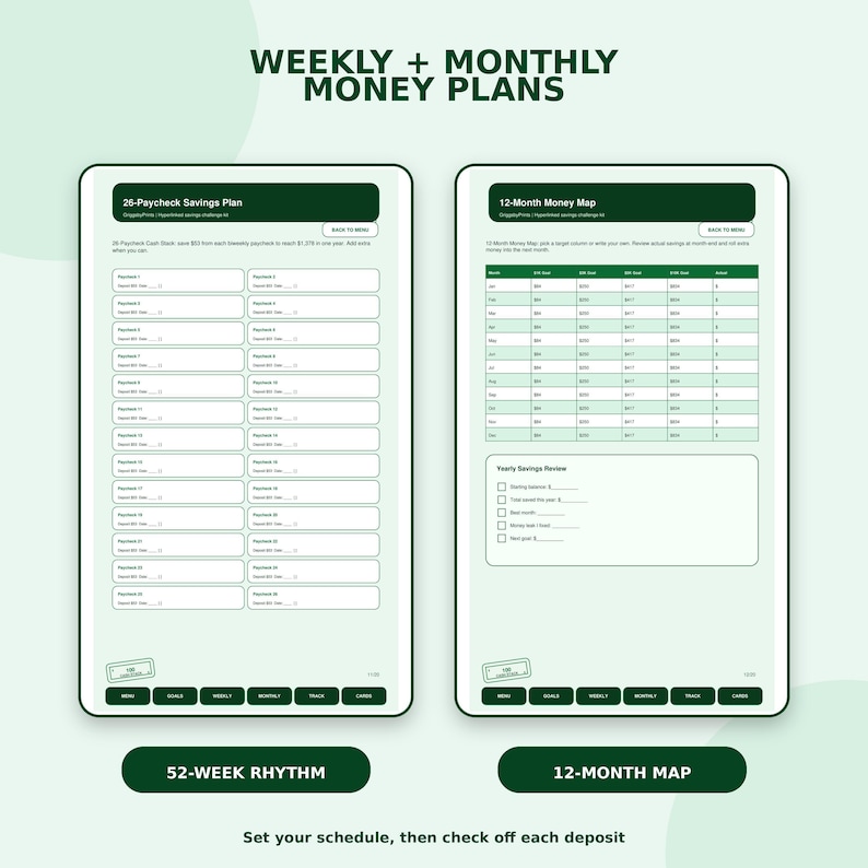 The image is a promotional graphic for a money management app that provides a 52-week rhythm and a 12-month money plan. The app offers a 24-hour cash-in/cash-out savings plan and a 12-month money map to help users track their savings and set financial goals.