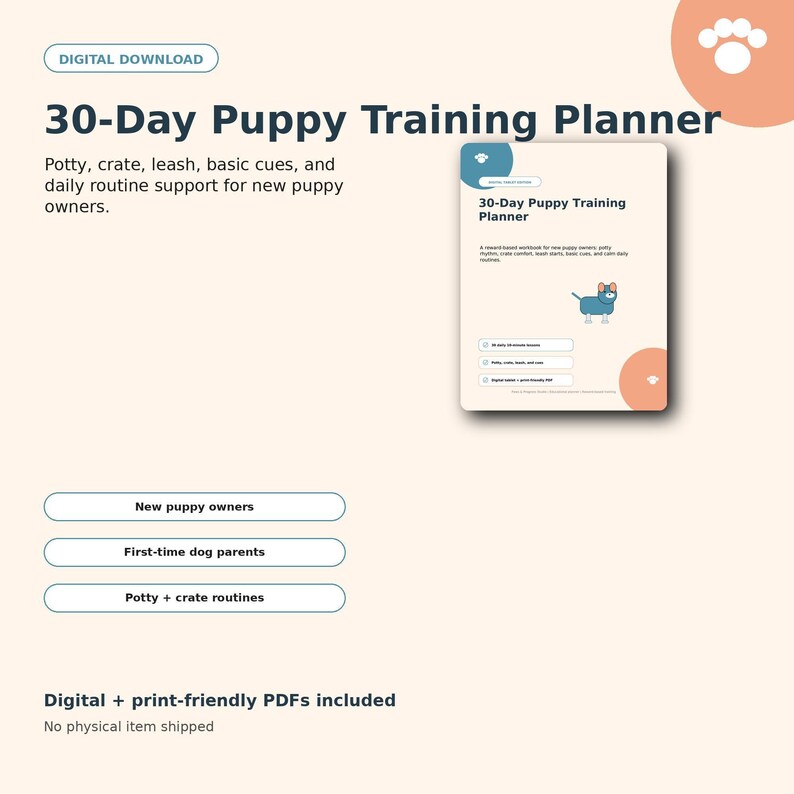 The image is a digital download of a 30-Day Puppy Training Planner, which includes a training plan, a daily routine support, and a 30-day training plan for new puppy owners.