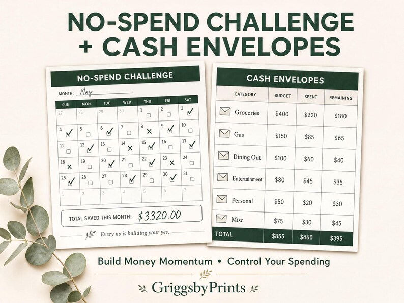 The image is an advertisement for a money management challenge and cash envelopes. It features two spreadsheets, one titled "NO-SPEND CHALLENGE" and the other titled "CASH ENVELOPES", both containing a list of categories and their corresponding amounts. The challenge encourages participants to save money by tracking their spending and categorizing it. The challenge also includes a "TOTAL SAVED THIS MONTH:" and a "GrigsbyPrints" logo at the bottom.