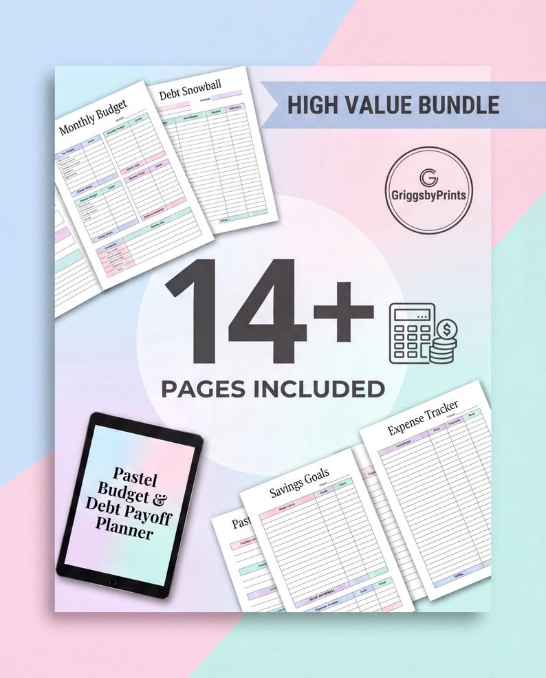 The image is a promotional poster for a budgeting and financial planning suite, featuring various budgeting tools and a calculator.