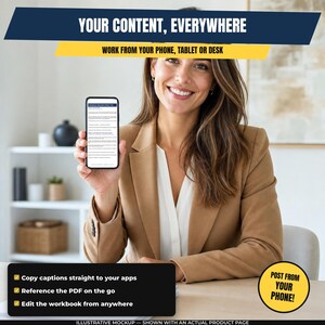 A smiling woman in a brown blazer is holding up a smartphone, with text promoting the idea of using the phone for content creation.