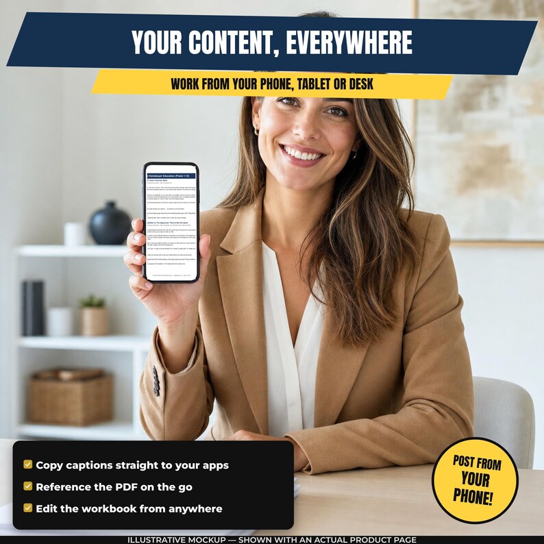 A smiling woman in a brown blazer is holding up a smartphone, with text promoting the idea of using the phone for content creation.