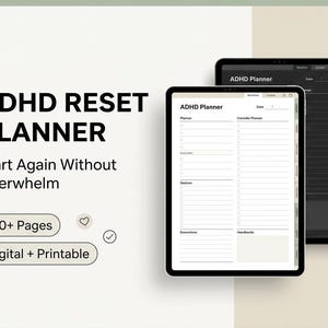 The image is an advertisement for an ADHD Reset Planner, which is a digital and printable tool designed to help individuals with ADHD manage their daily lives more effectively.