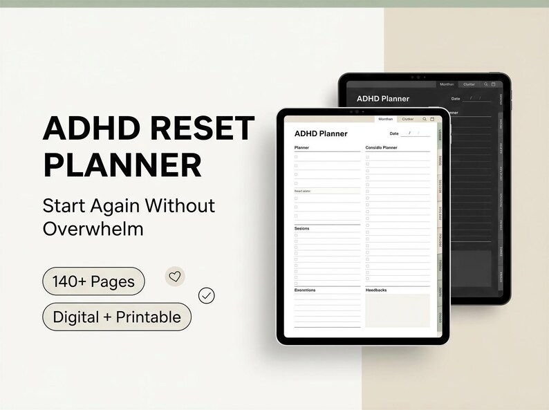 The image is an advertisement for an ADHD Reset Planner, which is a digital and printable tool designed to help individuals with ADHD manage their daily lives more effectively.