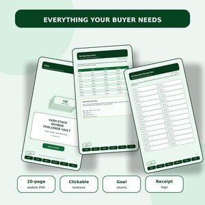 The image is a collage of three mobile PDF documents titled "Everything Your Buyer Needs" and "Savings Goal Chart". The documents appear to be related to financial planning and budgeting, with a focus on goal-setting and savings strategies.